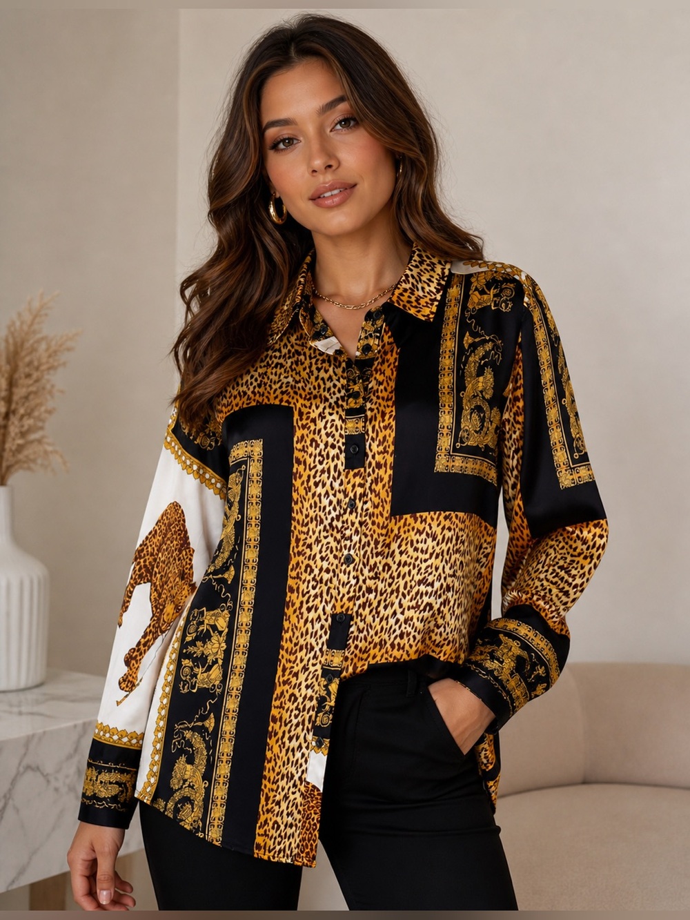 Pretty Little Thing BlackGold Leopard Women Small ButtonUp Dress Shirt Mob Wives